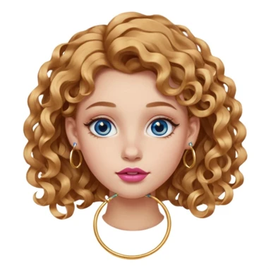 girl with light brown honey wavy hair (subtle side part and 2b curls). blue eyes. one golden nostril piercing (hoop). 6 golden hoop earrings. one golden hoop helix piercing. pink big lips.  sticker