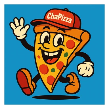 playful pizza slice character with a big smile, wearing a red cap labeled 'ChaPizza', fun colorful cartoon style sticker