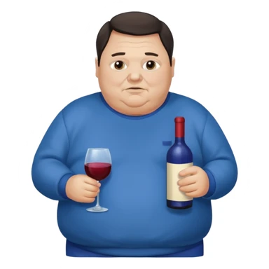 Morbidly obese older man dark hair with blue sweatshirt holding bottle of wine sticker