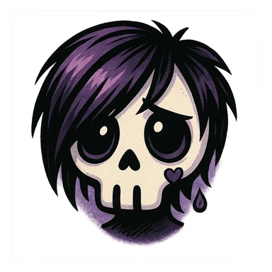 emo skull, black and purple, cute and expressive sticker
