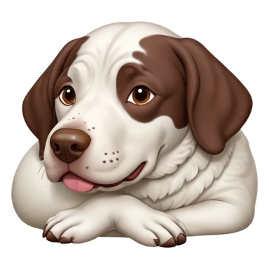 Cinematic Meme-Worthy Chubby Sleeping German Pointer Portrait Emoji, Head resting peacefully with a contented smile, showcasing a delightfully chubby build and a luxuriously soft liver and white coat, eyes shut in a serene nap, Simplified yet hilariously adorable features, highly detailed, glowing with a soft, drowsy light, high shine, relaxed and utterly lovable, stylized with an air of playful laziness, bright and heartwarming, soft glowing outline, capturing the essence of a comically sleepy hunter, so meme-worthy it feels like it could instantly become the next viral sensation of adorable slumber! sticker