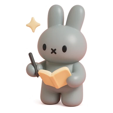 gray bunny writing in notebook with spark of light, vinyl figure style sticker