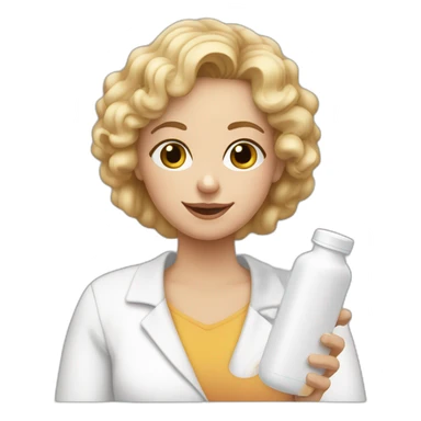 mom with hazel eyes, blond semi curly hair,  holding a white pill bottle in hand sticker