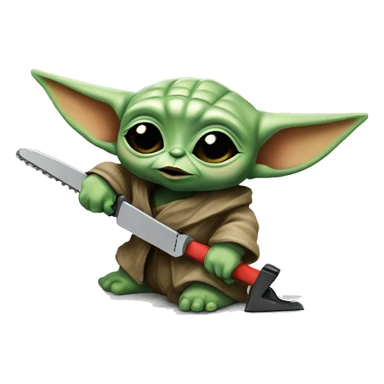 Baby Yoda saws with a chainsaw. In a painted style sticker