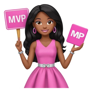 Black barbie, long black  hair, pink dress holding mvp sign  sticker