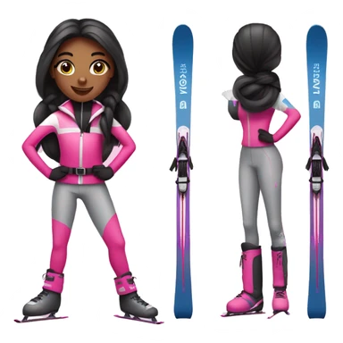 Black Skier girl with long black hair in pony tail, black eyes and pink gear show skis and legs  sticker