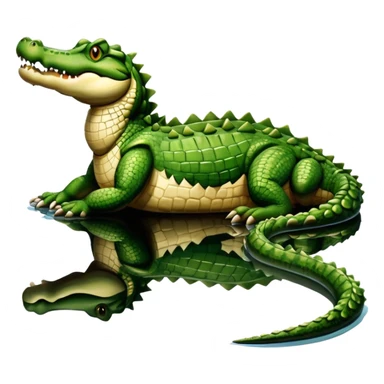 A large crocodile resting on a riverbank, part of its body in water, realistic scales and reflections, natural sunlight. sticker