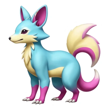 realistic Shiny smooth silky soft Cyan-Yellowish-Magenta Minccino-Zeraora-Emolga-Vernid-Sergal-fusion-hybrid-animal-creature, full body sticker