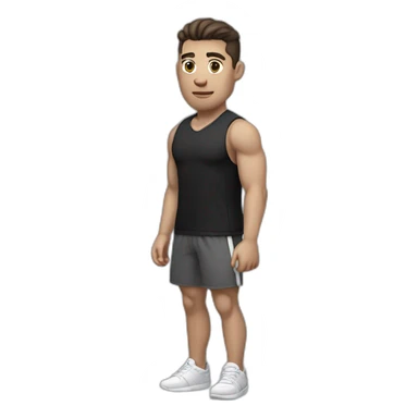 Pale skinned Fit Man With the biceps and dark brown hair in black shirt, gray sports shorts and white Sneakers sticker