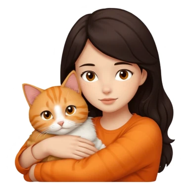 dark-black-brown-hair-to-shoulder girl with brown eyes snuggled with orange tabby cat sticker
