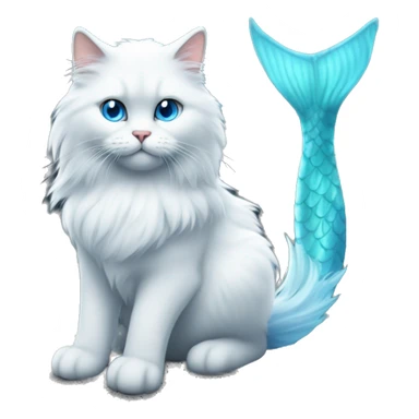 White fluffy cat with blue eyes and grey colour sitting on a rock amongst the ocean with a blue mermaid tail sticker