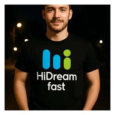 man wearing tshirt with this logo, dark night background with dim , add fast below logo, make man fit into image sticker