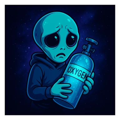 Create a cartoon style image of an alien holding a glowing oxygen tank with a worried face. Use the color palette and vibe inspired by the reference image provided. sticker