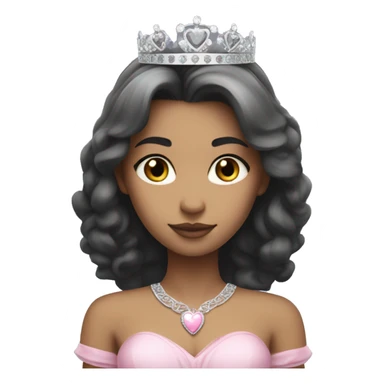 Princess with halo with light skin tone with long black hair with bang with silver pink heart tiara and pink dress sticker