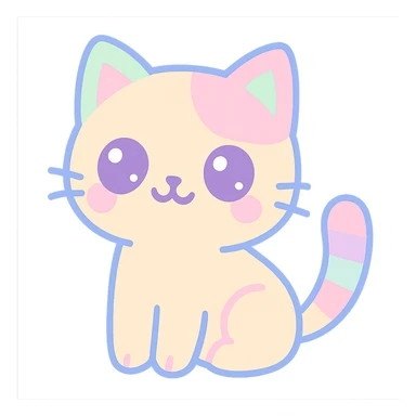 {
  "style_description": {
    "overall_look": "Cute, minimal, and soft with a friendly and playful tone",
    "material_simulation": {
      "primary_material": "flat digital color",
      "texture_detail": "smooth surfaces with no texture or shading",
      "pattern": "none or very simple decorative accents (e.g., hearts, stars)"
    },
    "geometry": {
      "edge_style": "rounded, soft curves with no sharp angles",
      "dimensionality": "flat two-dimensional appearance with simple shapes"
    },
    "color_palette": {
      "scheme": "pastel and light tones",
      "preferred_colors": ["pink", "mint", "lavender", "baby blue", "peach"],
      "contrast": "low contrast with bright accents"
    },
    "facial_features": {
      "eyes": "large, sparkly, often oval or circular",
      "mouth": "small, often a simple curve or dot",
      "expression": "joyful, innocent, or calm"
    },
    "lighting": {
      "type": "none or implied with soft highlights",
      "purpose": "maintain a clean and cheerful look"
    },
    "render_constraints": {
      "avoid": ["realistic shading", "high detail", "dark themes", "texture noise"],
      "focus_on": ["cute expression", "iconic simplicity", "emotional warmth"]
    },
    "background": {
      "color": "white or soft pastel",
      "style": "plain or patterned with simple icons (e.g., polka dots, stars)",
      "lighting_consistency": "no shadows, evenly lit feel"
    }
  }
}

{subject} = cat sticker