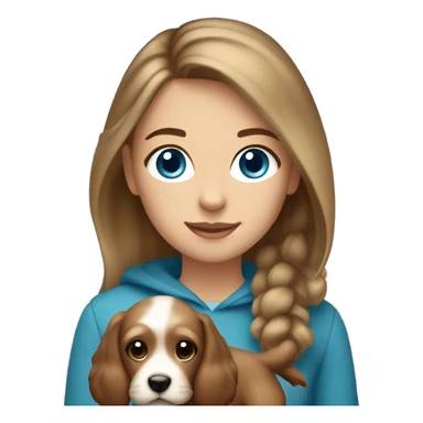 girl with brown hair and blond highlights, straight hair,  blue eyes and holding a light brown cockapoo sticker