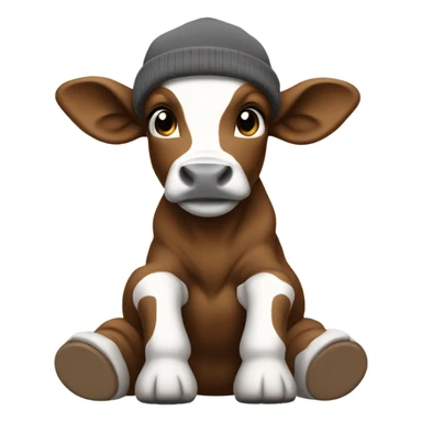 Brown white and black calf sitting down with a grey carhartt beanie on sticker