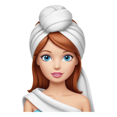 A Barbie face blue eyes with shoulder-length reddish brown hair, makeup with cream on face and a towel on her head sticker