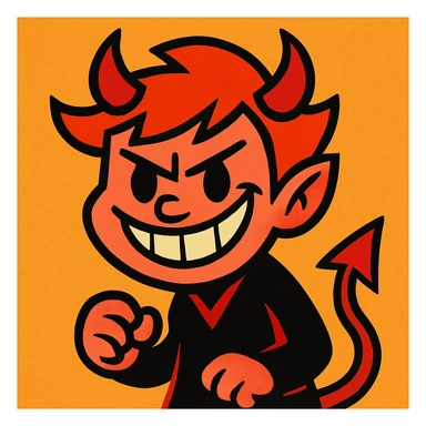 cartoon character with red hair, evil grin, small black eyes, red devil horns, vibrant toon style sticker