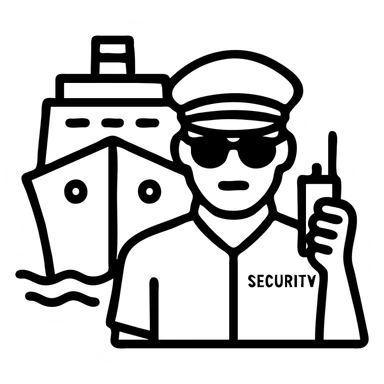 a ship security guard in sunglasses, holding a walkie-talkie, with a ship silhouette behind, outlined icon style sticker