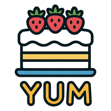 white cake with strawberries on top, text 'YUM' sticker
