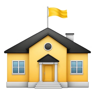 simple school, white background, magic school, black roof, with a big flag, big flag on a roof, big yellow flag, white school sticker