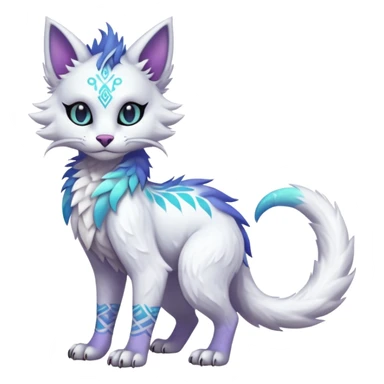 Kawaii white iridescent edgy cute cool fantasy feline-vernid-sergal-fursona animal creature with a tufted tail full body with intricate tribal markings  sticker