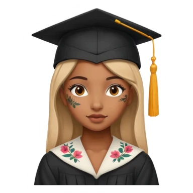 fully nude and sexy brown skin girl, floral tattoes, in student cap, graduating sticker