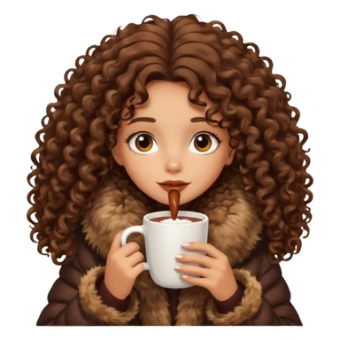 tanned girl with long brown curly hair, drinking hot chocolate , wearing oversized fur jacket sticker