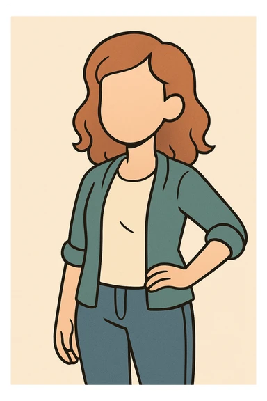 friendly faceless young woman, soft approachable features, no facial details, modern casual style, simple flat toon illustration sticker