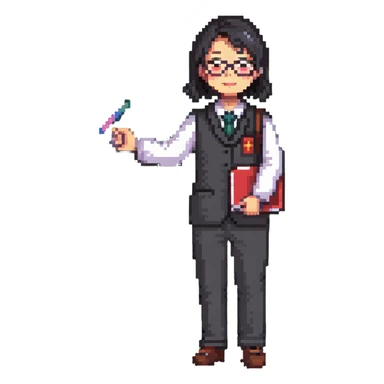 Chinese math teacher holding chalk standing by a blackboard sticker