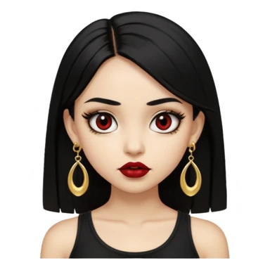 A light skinned girl with black hair, black eye, straight hair, big eyes, dark red lipstick, wearing black crop top and gold earrings, nosepiece  sticker