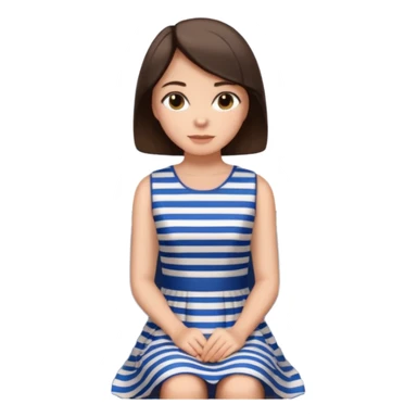 Pretty, sexy, slightly curvy white woman with short dark brown hair, wearing a blue and white striped dress, sitting in a train sticker