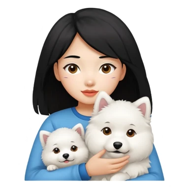 A black hair asian girl with a bright skintone holding a samoyed dog sticker