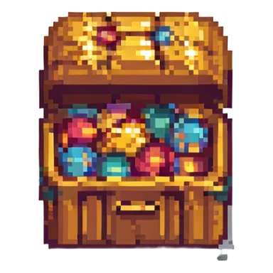 pixel art treasure chest overflowing with gold, RPG style, soft lighting, retro game aesthetic sticker