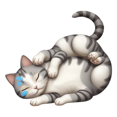 grey and white small cat eyes with closed lying down upside down with paws stretched out straight in different directions sticker