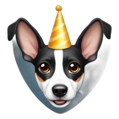 rat terrier colored black and white, no brown, wearing party hat sticker