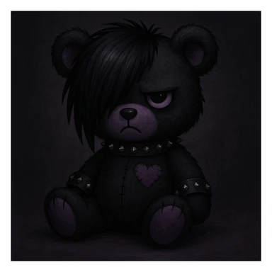 an emo-styled teddy bear, black and purple, moody sticker
