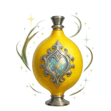 prabangus eliksyro buteliukas, citrinos forma, ryški geltona spalva, sidabrinės ir holografinės detalės, daug magiškų efektų, labai mažas kaklelis, vientisas dugnas, buteliukas plūduriuoja ore, be pagrindo ar šešėlio, modernus, kolekcijai tinkamas, skaidrus fonas sticker