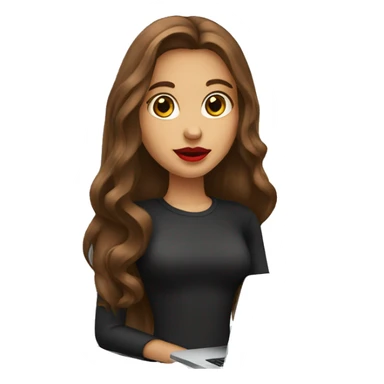 A girl with long brown hair holds a laptop Red lips sticker