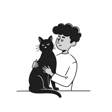 young male with brown light skin, slightly curly hair, holding a black cat sticker