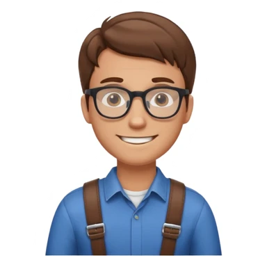 Brown haired guy with glasses with a belt over his shoulder while smiling sticker