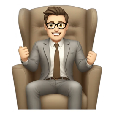 Joyful Celebrating victory Hands up Pale skinned Fit Man With dark brown hair in gray jacket, beige office shirt, Brown pants and vintage glasses sitting In a soft chair sticker