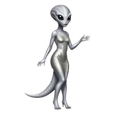 alien reptilian woman in silver dress, full body black eyes sticker
