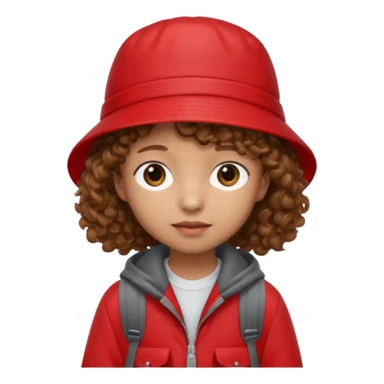 Little student brown curly hair, wears red bucket hat and jacket, backpack, shy sticker