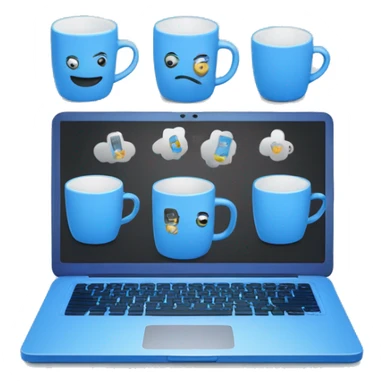 laptop and mugs representing the software development process and teamwork in blue color sticker