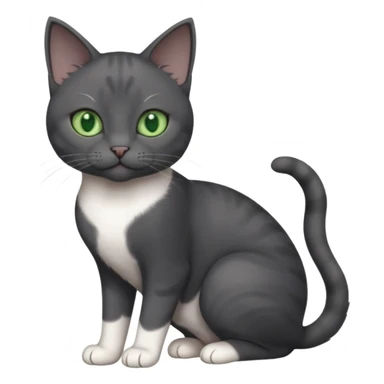beautiful female solid dark grey cat with green eyes, white toes/paws and white patch on her chest playing sticker