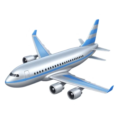 A 3D cartoon commercial airplane flying above clouds, silver body with blue stripes, smooth reflections, Memoji-style realism. sticker