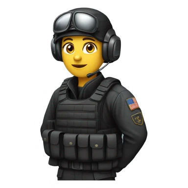 Military operator dressed in black with a helmet, without glasses, wearing a headset, ready to respond to alerts, preferably female, no country badge on clothes sticker