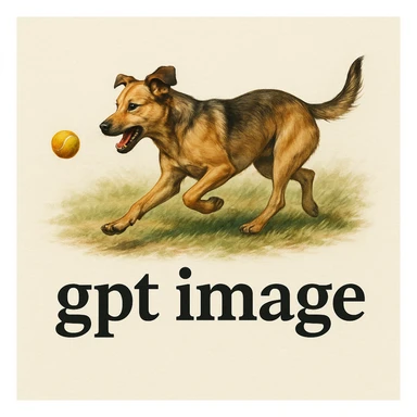  logo with text "gpt image" on the background of a dog chasing ball, realistic image sticker